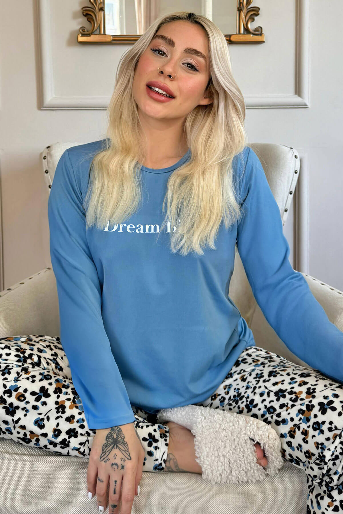 Dream Big Desenli Bambu Uzun Kol Kadın Pijama Takımı