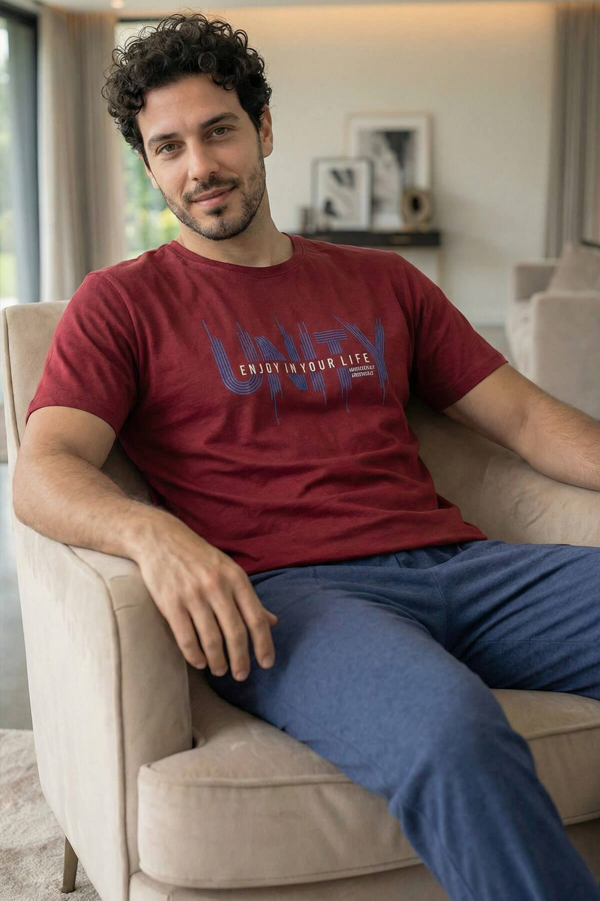 Dusty Navy Unity Baskılı Kısa Kollu Cotton Erkek Pijama Takımı
