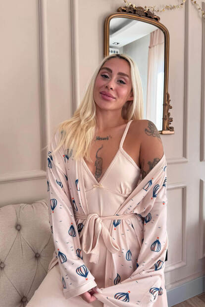 Ekru Balon Desenli Termal Gecelik Sabahlıklı Kadın Pijama Takımı - Pijamaevi (1)