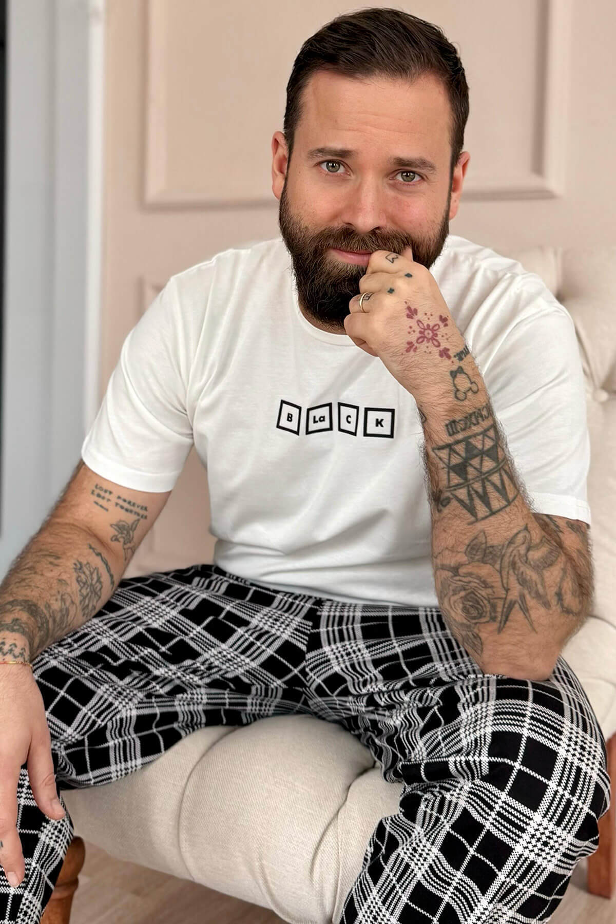 Ekru Black Baskılı Kısa Kol Erkek Pijama Takımı