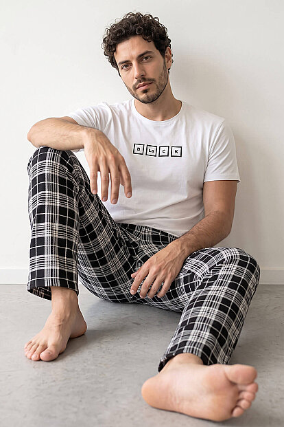 Ekru Black Baskılı Kısa Kol Erkek Pijama Takımı - Pijamaevi