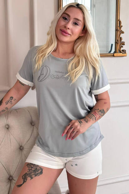 Ekru Dreams Desenli Bambu Kısa Kol Kadın Şortlu Pijama Takımı - Pijamaevi
