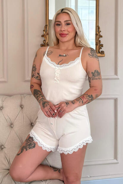 Ekru Dublin Ip Askı Şortlu Kadın Pijama Takımı - Pijamaevi