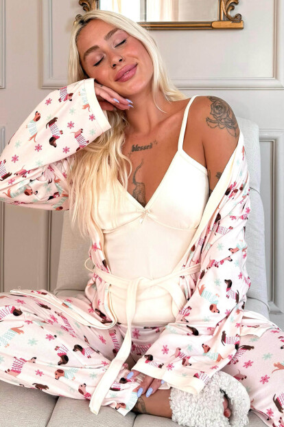 Ekru Hund Desenli Termal Sabahlıklı Kadın Pijama Takımı - Pijamaevi