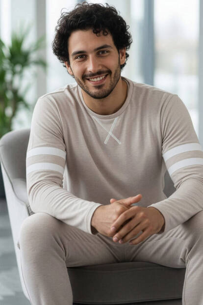 Ekru Line Desenli Stylish Erkek Uzun Kol Pijama Takımı - Pijamaevi