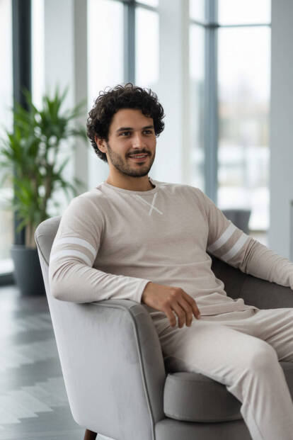 Ekru Line Desenli Stylish Erkek Uzun Kol Pijama Takımı - Pijamaevi (1)