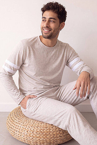 Ekru Line Desenli Stylish Erkek Uzun Kol Pijama Takımı - Pijamaevi