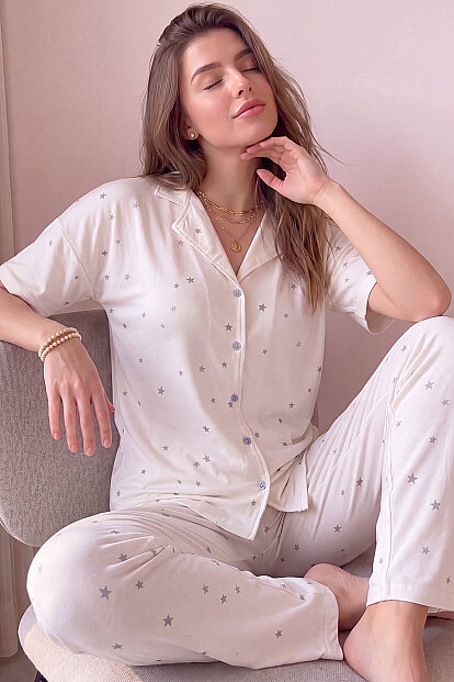 Ekru Twilight Glow Desenli Bambu Önden Düğmeli Kısa Kol Pijama Takımı - Pijamaevi