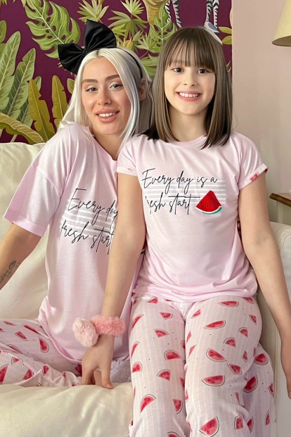 Fresh Start Baskılı Kısa Kollu Anne Kız Kombin Pijama Takımı - Pijamaevi
