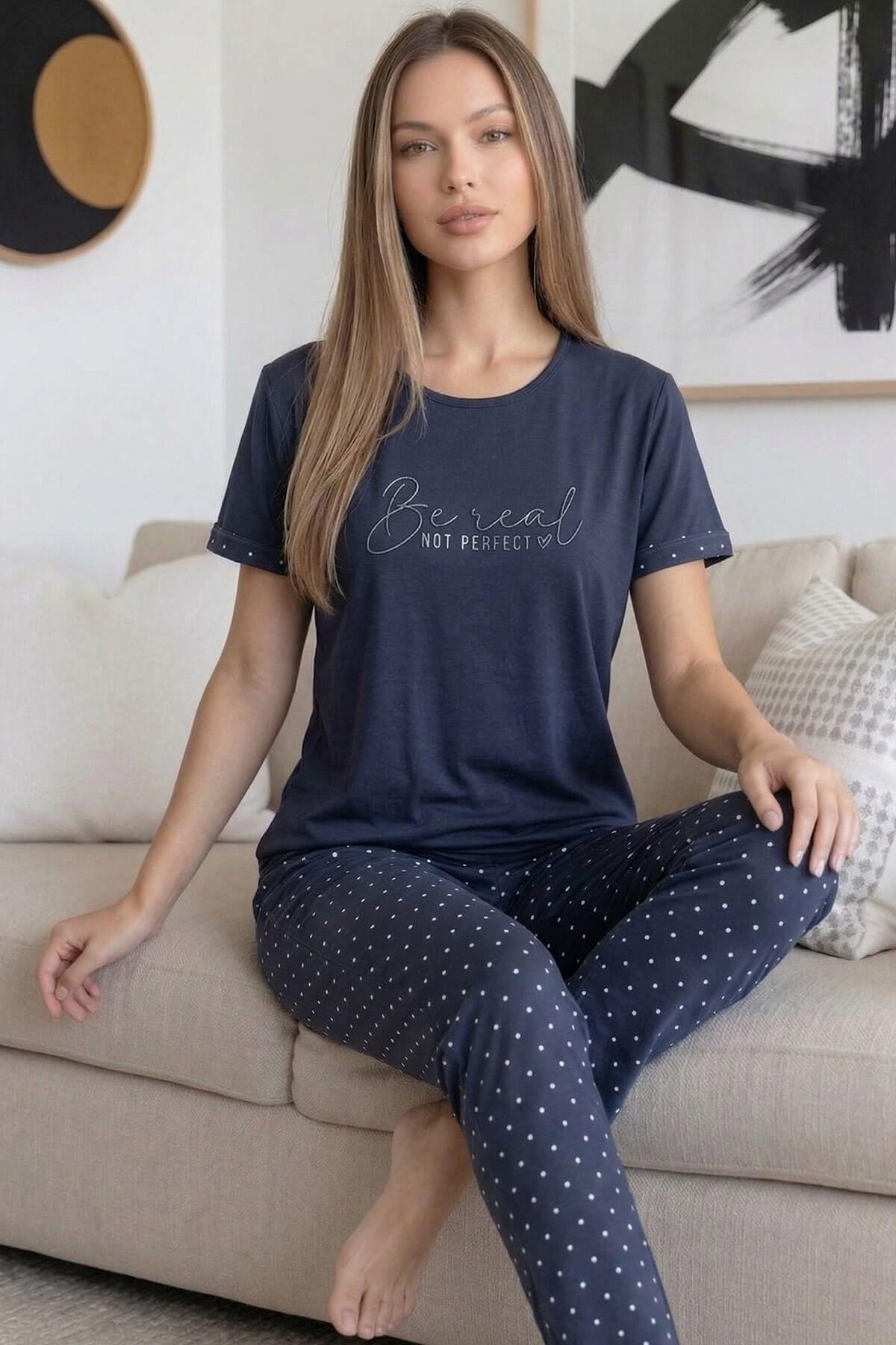 Füme Be real Desenli Bambu Kısa Kol Kadın Pijama Takımı