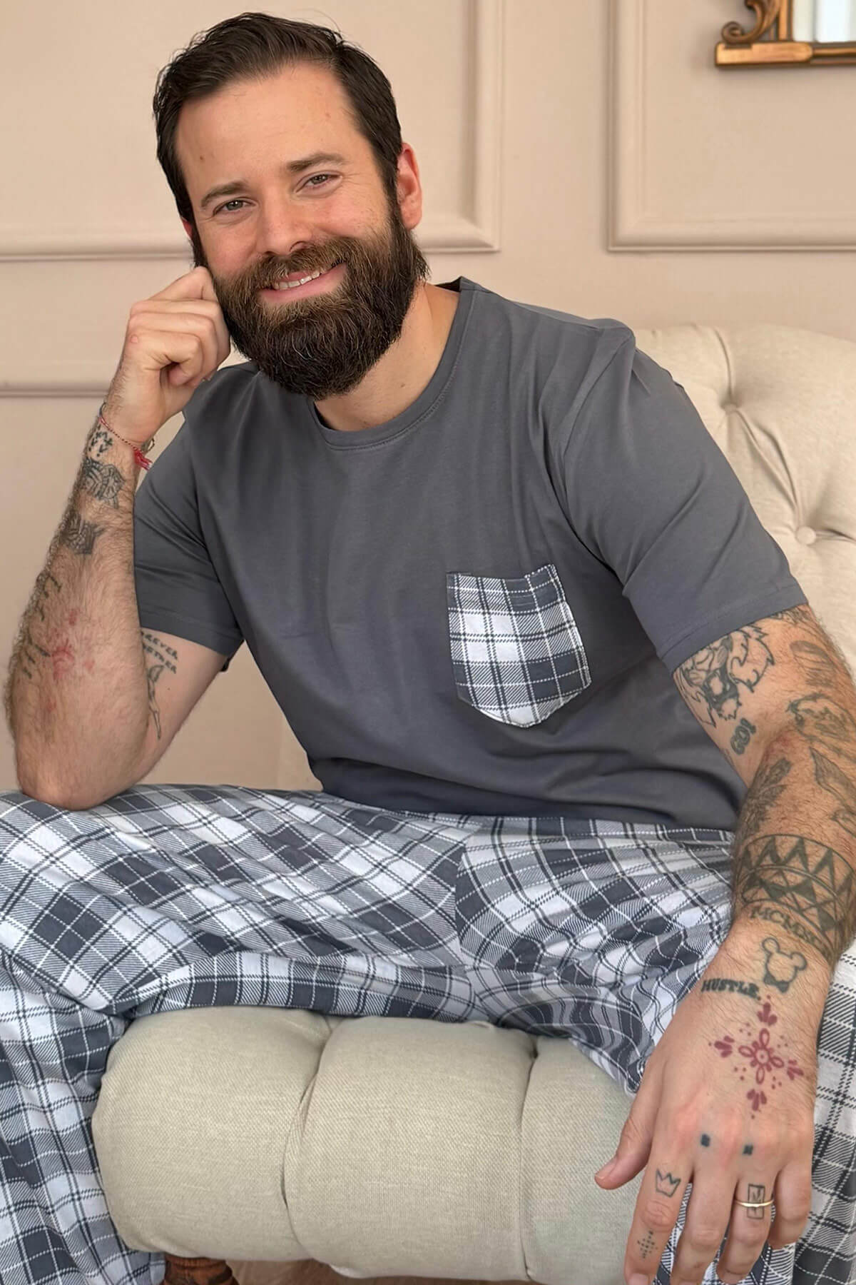 Füme Ekose Cep Detay Kısa Kollu Erkek Pijama Takımı