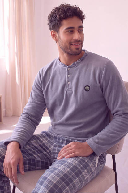 Füme Ekose Desenli Polar Erkek Pijama Takımı - Pijamaevi