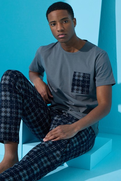 Füme Four Squares Ekose Desenli Kısa Kollu Erkek Pijama Takımı - Pijamaevi