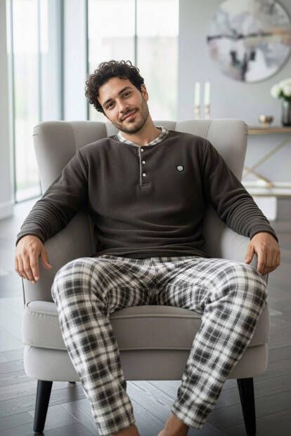 Füme Kahve Ekose Desenli Polar Erkek Pijama Takımı - Pijamaevi (1)