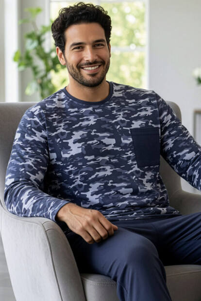 Füme Kamuflaj Desenli Stylish Erkek Uzun Kol Pijama Takımı - Pijamaevi