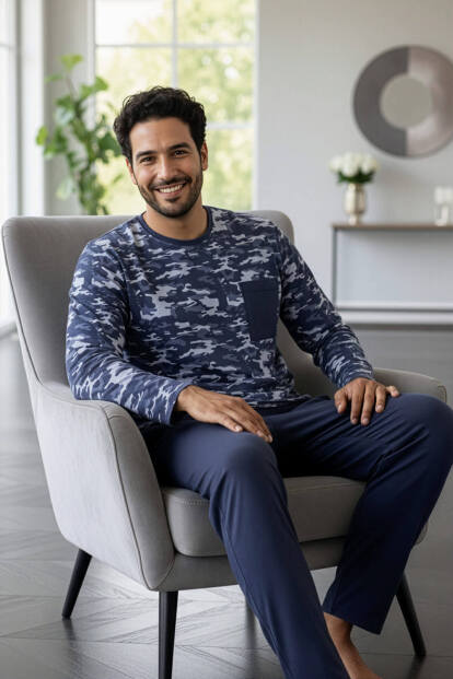 Füme Kamuflaj Desenli Stylish Erkek Uzun Kol Pijama Takımı - Pijamaevi (1)