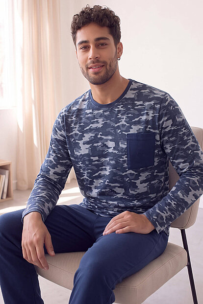 Füme Kamuflaj Desenli Stylish Erkek Uzun Kol Pijama Takımı - Pijamaevi