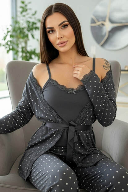 Füme Mini Puan Desenli Bambu Sabahlıklı Kadın Pijama Takımı - Pijamaevi