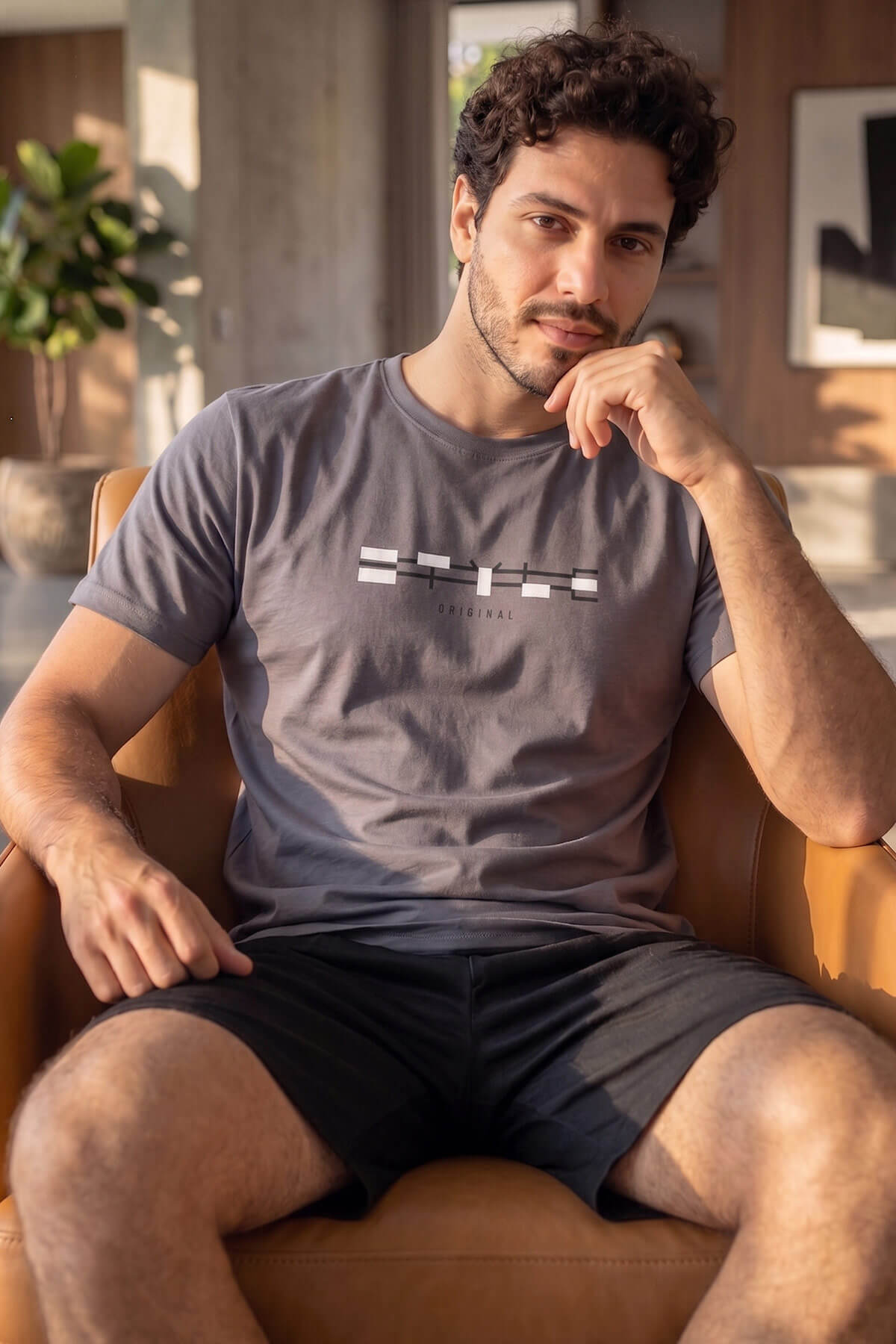Füme Origi Desenli Kısa Kollu Erkek Pijama Takımı