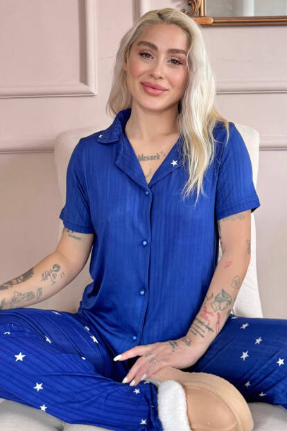 Gece Mavisi Nuit Stellaire Desenli Önden Düğmeli Marlenka Pijama Takımı - Pijamaevi