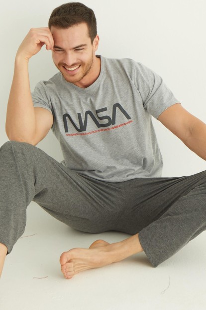 Gri Baskılı Kısa Kollu Alt Uzun Erkek Pijama Takımı - Pijamaevi