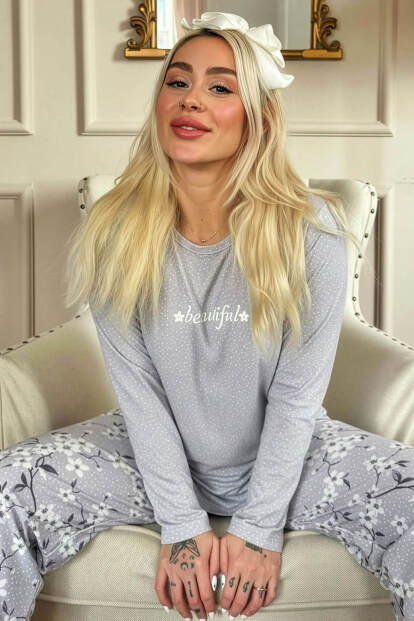 Gri Beautiful Desenli Uzun Kollu Bambu Örme Kadın Pijama Takımı - Pijamaevi