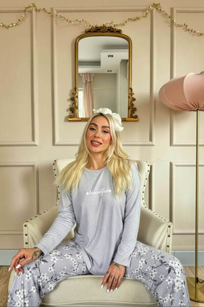 Gri Beautiful Desenli Uzun Kollu Bambu Örme Kadın Pijama Takımı - Pijamaevi (1)