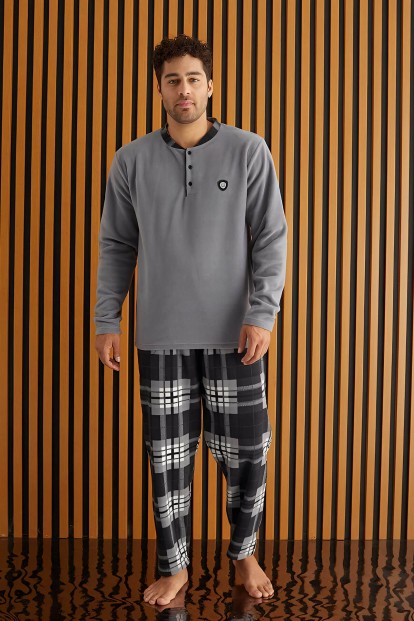 Gri Beyaz Ekose Desenli Polar Erkek Pijama Takımı - Pijamaevi (1)