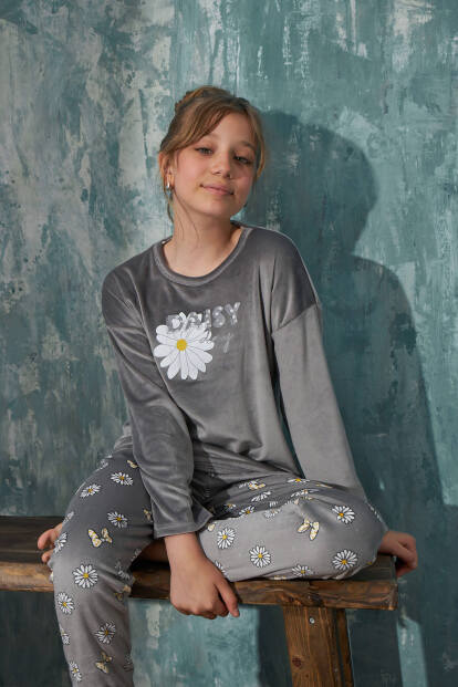 Gri Dasiy Desenli Exclusive Kadife Kız Çocuk Pijama Takımı  - Pijamaevi (1)
