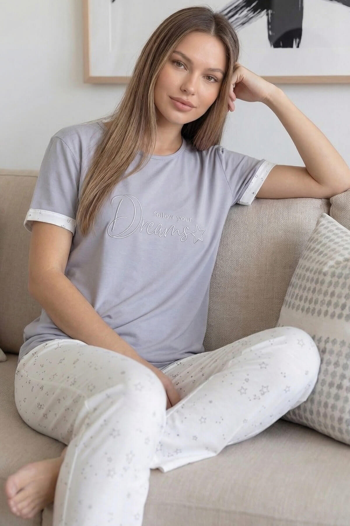 Gri Dreams Desenli Bambu Kısa Kol Kadın Pijama Takımı