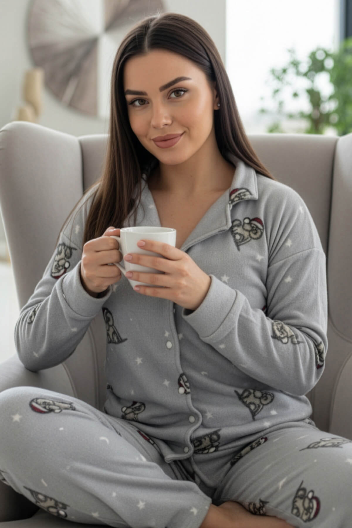 Gri Dreamy Bear Desenli Önden Düğmeli Peluş Polar Pijama Takımı