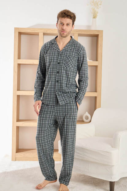 Gri Ekose Desenli Önden Düğmeli Elegant Erkek Pijama Takımı - Pijamaevi (1)