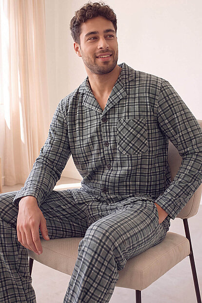 Gri Ekose Desenli Önden Düğmeli Elegant Erkek Pijama Takımı - Pijamaevi