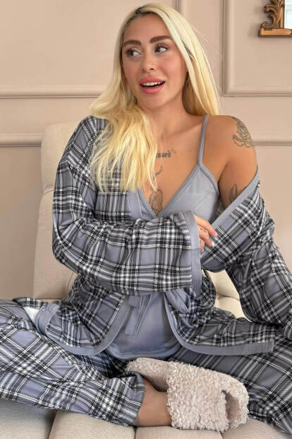 Gri Ekose Desenli Termal Sabahlıklı Kadın Pijama Takımı - Pijamaevi