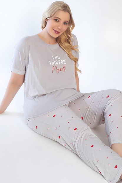 Gri I Do Baskılı Kısa Kollu Büyük Beden Battal Pijama Takımı - Pijamaevi