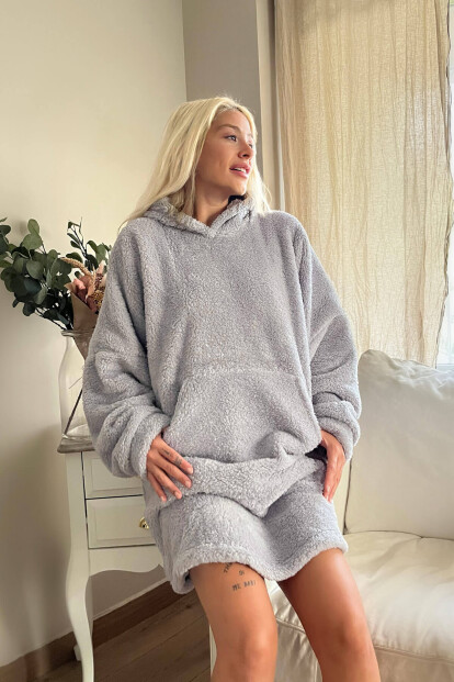 Gri Kapşonlu Tam Peluş Oversize Sweat Panço Pijama - Pijamaevi (1)