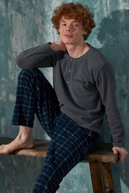 Gri Lacivert Active Desenli Polar Erkek Pijama Takımı - Pijamaevi