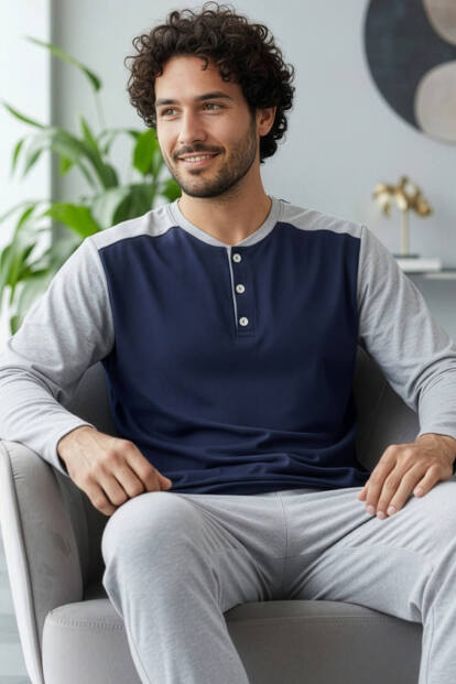 Gri Lacivert Stylish Erkek Uzun Kol Pijama Takımı - Pijamaevi