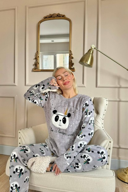 Gri Life Panda Desenli Kadın Peluş Pijama Takımı - Pijamaevi (1)