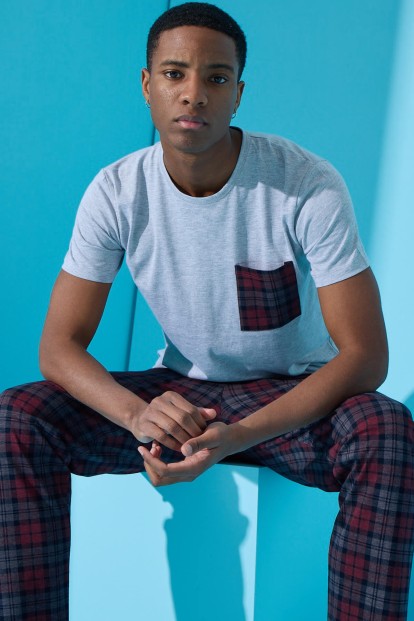 Gri Many Square Ekose Desenli Kısa Kollu Erkek Pijama Takımı - Pijamaevi