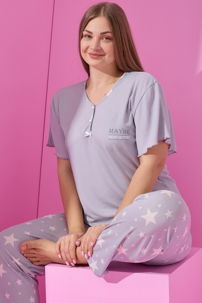 Gri Maybe Baskılı Kısa Kollu Büyük Beden Battal Pijama Takımı - Pijamaevi