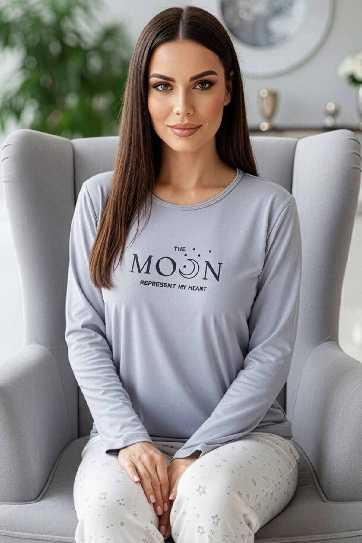 Gri Moon Desenli Uzun Kollu Bambu Örme Kadın Pijama Takımı