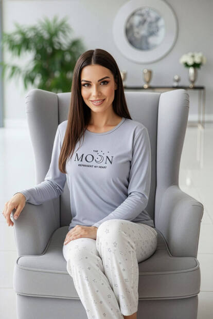 Gri Moon Desenli Uzun Kollu Bambu Örme Kadın Pijama Takımı - Pijamaevi (1)