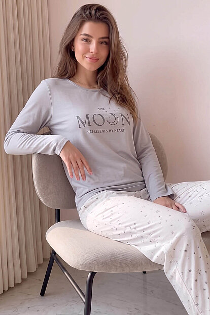 Gri Moon Desenli Uzun Kollu Bambu Örme Kadın Pijama Takımı - Pijamaevi
