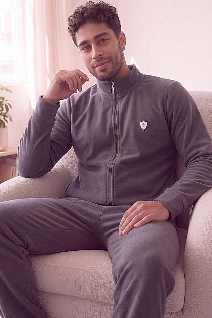 Gri Önden Fermuarlı Uzun Kollu Polar Erkek Pijama Takımı - Pijamaevi
