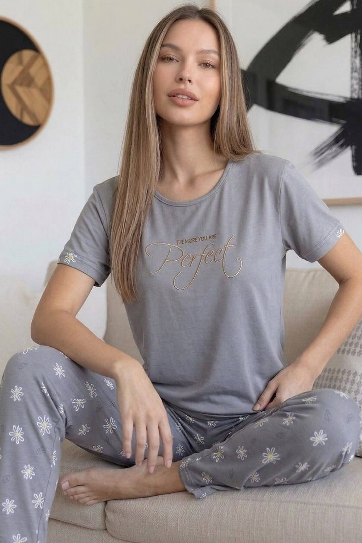 Gri Perfect Desenli Bambu Kısa Kol Kadın Pijama Takımı