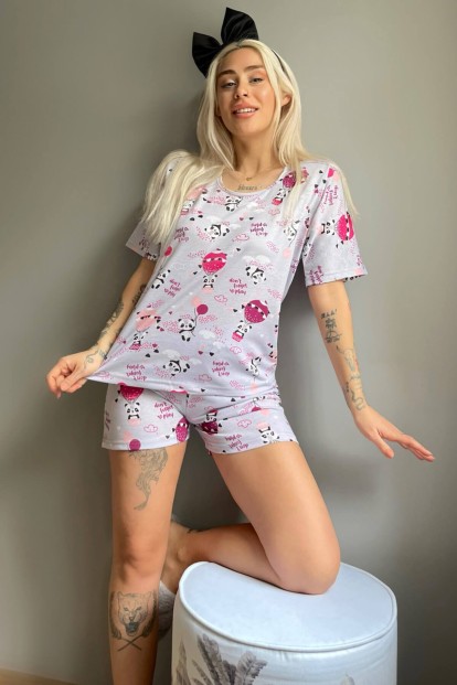 Gri Play Panda Baskılı Şortlu Kadın Pijama Takımı - Pijamaevi