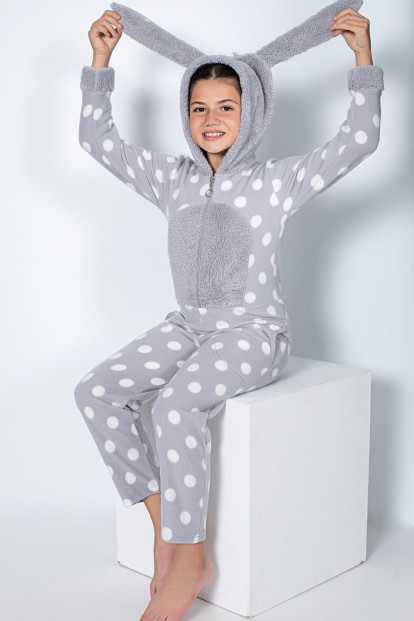 Gri Puan Desenli Kız Çocuk Polar Peluş Tulum Pijama - Pijamaevi