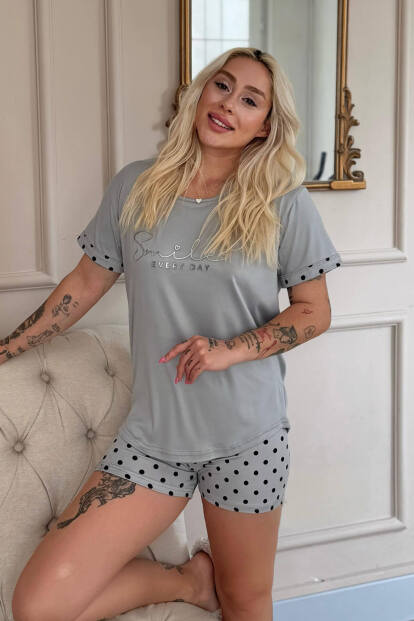 Gri Siyah Puan Smile Everyday Desenli Bambu Kısa Kol Kadın Şortlu Pijama Takımı - Pijamaevi (1)
