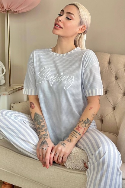 Gri Sleeping Baskılı Örme Kısa Kollu Kadın Pijama Takımı - Pijamaevi